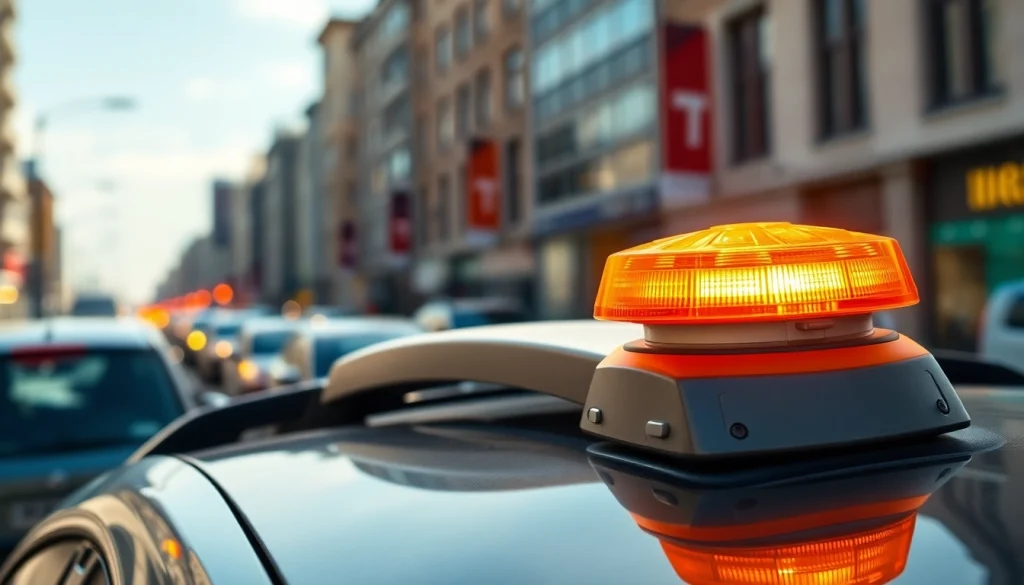 Warnleuchte V16 leuchtet auf einem Fahrzeugdach in urbaner Umgebung mit hohem Kontrast.