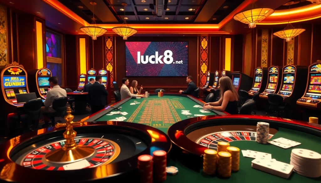 Một cảnh sòng bạc sống động với người chơi tại vòng roulette và bàn poker, bao gồm các yếu tố từ https://luck8.net để mang đến trải nghiệm hấp dẫn.