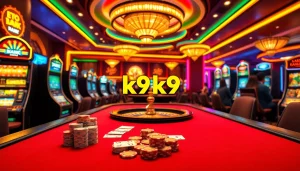 K9K9 casino scene showcasing a vibrant gaming table with cards, roulette, and excited gamblers.