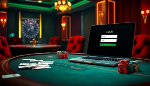 Login screen displayed on a laptop amidst a vibrant casino scene filled with cards and poker chips.