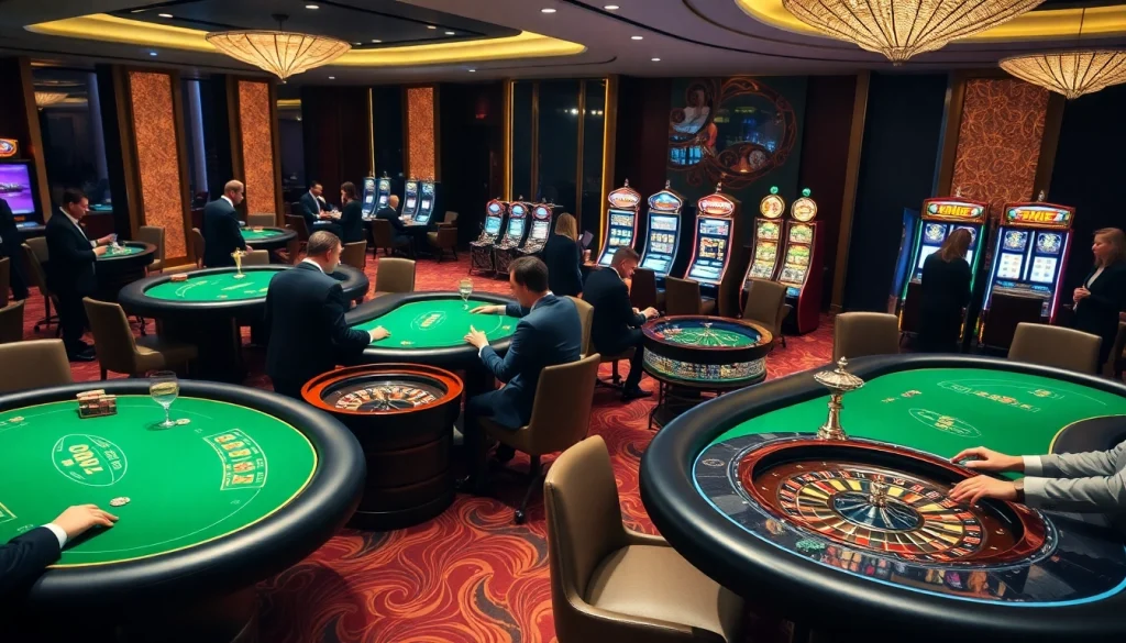 Experience the excitement of the ev88 game with players engaged at luxury casino tables.