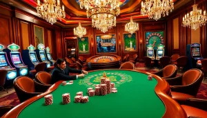 Experience thrilling poker gameplay at https://rr88.navy/, showcasing professional players, poker chips, and vibrant casino decor.