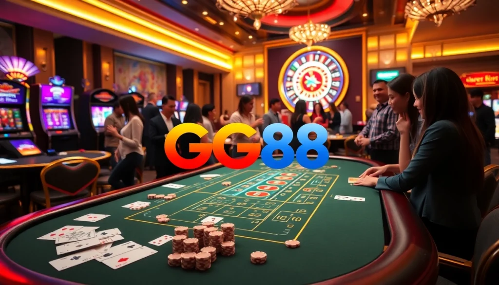 GG88 casino scene showcasing luxury tables with engaged players and vibrant gaming elements.