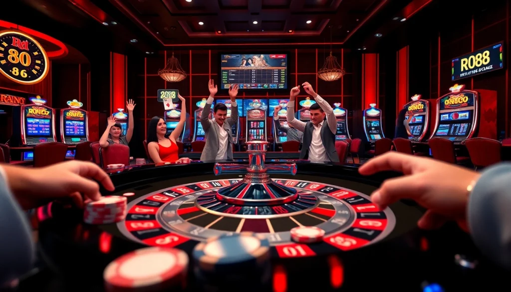 Players enjoying a thrilling game at rr 88 casino, surrounded by vibrant roulette and slot machines.
