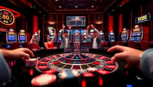 Players enjoying a thrilling game at rr 88 casino, surrounded by vibrant roulette and slot machines.