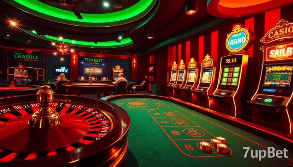 Engage with 7upbet in a vibrant casino setting featuring roulette, poker, and slot machines.