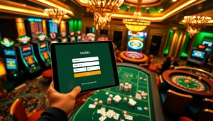 Engage with the oxplay login interface amidst a vibrant casino atmosphere filled with excitement.