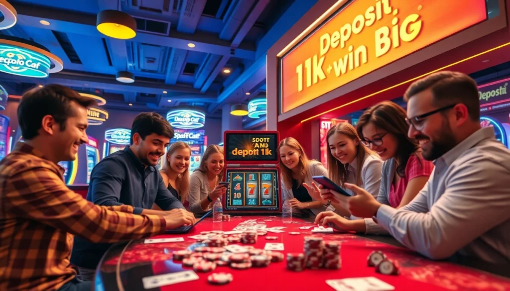 Players engaging with the thrilling 'slot depo 1k' machine in a lively casino atmosphere.