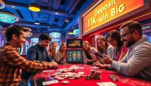 Players engaging with the thrilling 'slot depo 1k' machine in a lively casino atmosphere.