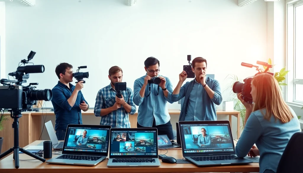 Crafting a video strategy with professionals in a vibrant workspace using modern equipment.