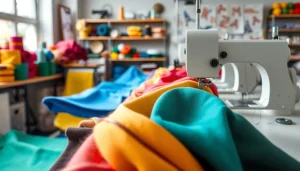 Ribcord katoen rolls on a sewing table, showcasing vibrant colors and textures.