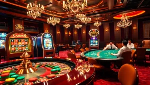 Players engaging at the casino tables as k9k9-themed slot machines light up the background.