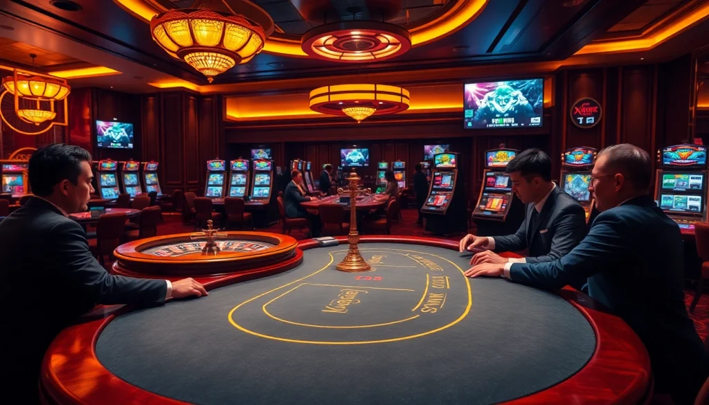 Xôi Xoài TV captures the excitement of a luxury casino scene with poker tables and esports displays.