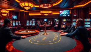 Xôi Xoài TV captures the excitement of a luxury casino scene with poker tables and esports displays.