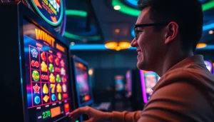 Menangkan slot deposit 1k dengan simbol cerah pada mesin slot modern di ruang permainan.