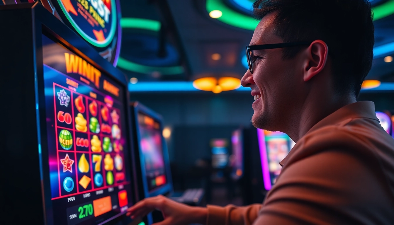 Menangkan slot deposit 1k dengan simbol cerah pada mesin slot modern di ruang permainan.