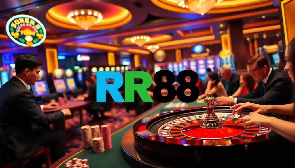 RR88 players enjoying a thrilling casino experience with roulette wheels and poker chips.
