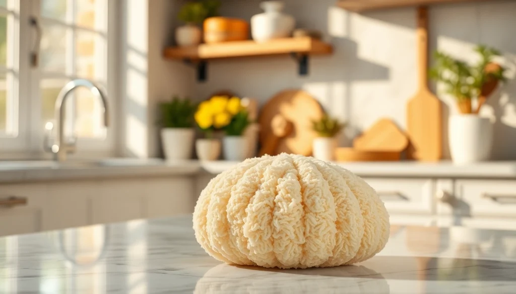 Kitchen loofah displayed on a marble countertop, showcasing its natural texture.