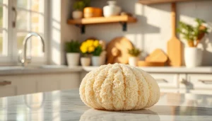 Kitchen loofah displayed on a marble countertop, showcasing its natural texture.