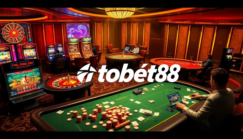 Experience excitement at nhà cái tobet88 with engaging gaming tables and colorful slot machines.