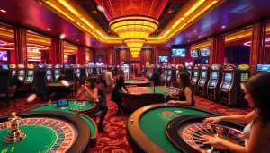 Experience the excitement of okfun casino with players at poker tables and vibrant slot machines.