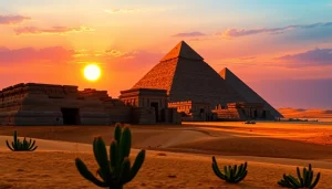 Pyraminds set against a stunning sunset, highlighting ancient architecture and desert landscape.
