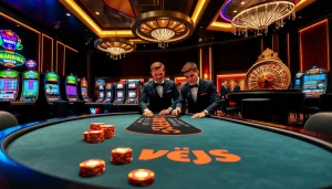 KJC poker players engaging in an exciting game at a luxurious casino table.