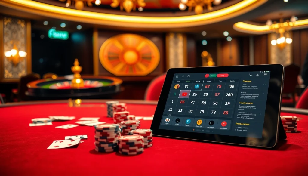Lingkungan permainan yang menarik menampilkan Datukwin Alternatif dengan meja poker dan roda roulette.