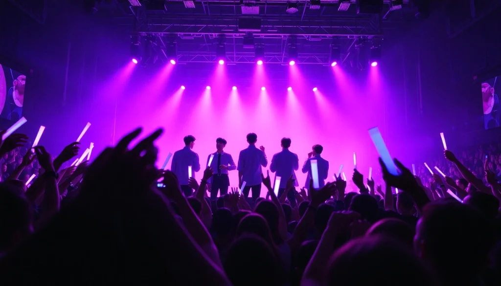 BTS news featuring the band performing live at a concert with fans showing vibrant energy.