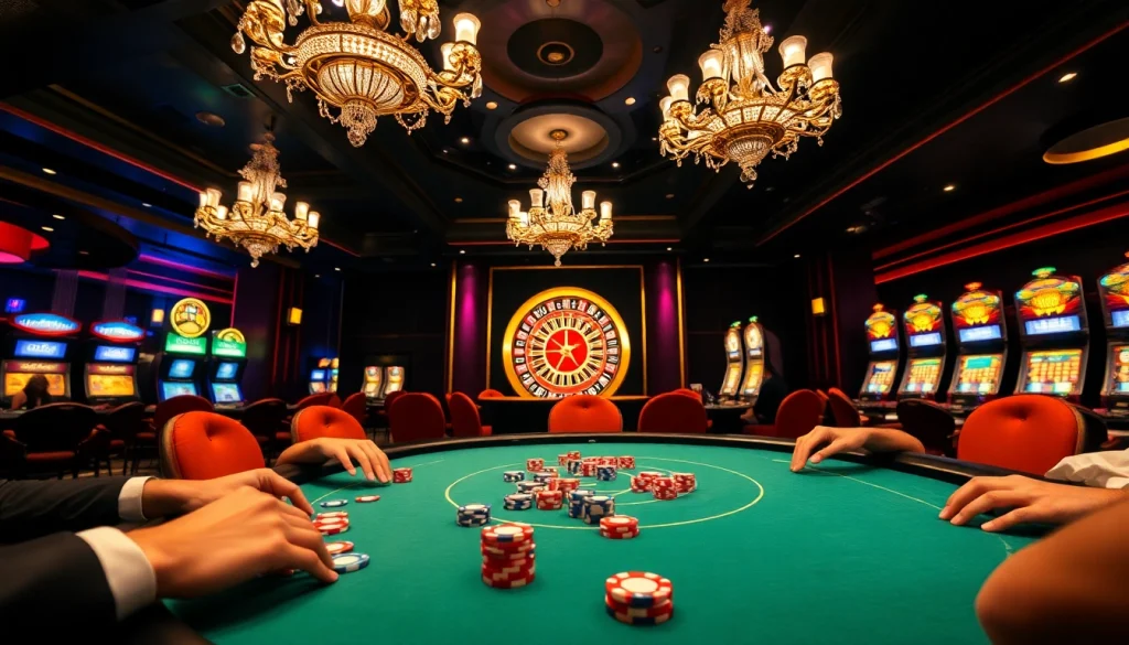 Players enjoying a thrilling poker game at https://kjc.uk.com/ casino table, surrounded by vibrant poker chips and excitement.