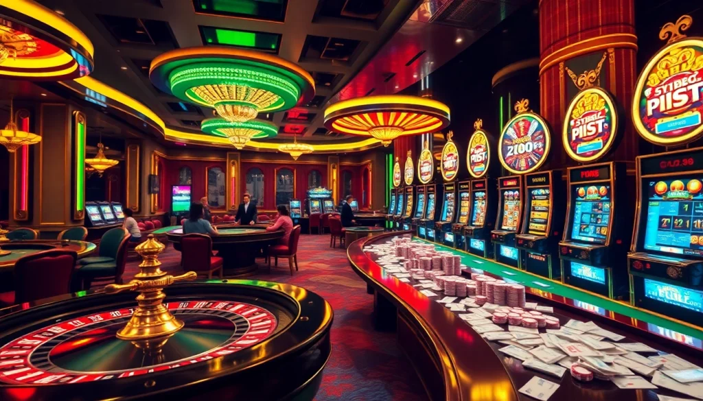 Engaging players at FLY88 trang chủ in an immersive online casino environment with roulette, poker chips, and slot machines.