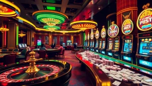 Engaging players at FLY88 trang chủ in an immersive online casino environment with roulette, poker chips, and slot machines.