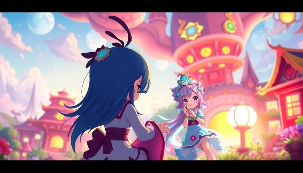 Exciting scene from a hentai game featuring colorful characters and a vibrant fantasy landscape.