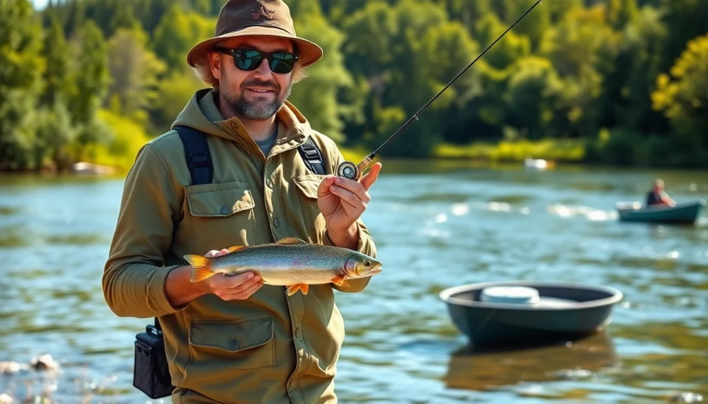 Angler showcasing fly fishing apparel while standing by a tranquil riverbank.