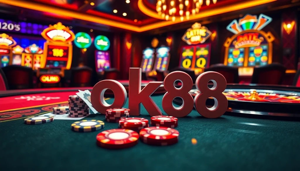 Engaging scene of a poker table at ok88 casino with vibrant chips and cards showcasing excitement.