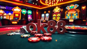 Engaging scene of a poker table at ok88 casino with vibrant chips and cards showcasing excitement.