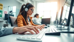 Efficient typist in a professional typing center showcasing focus and productivity.