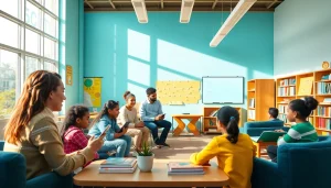 Engaging classroom scene promoting education equity with diverse students collaborating using technology.