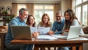 Families reviewing auto and home protection plans in a cozy living room setting.