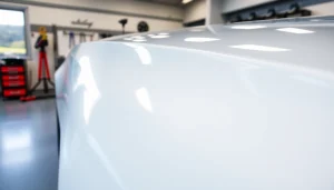 Ceramic coating Chattanooga shines on a polished car in a modern garage environment.