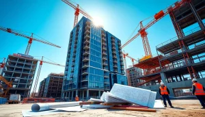 Austin construction site featuring modern buildings, blueprints, and bustling activity.