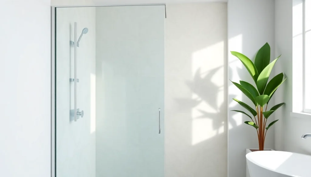 View of elegant glass shower doors with a sleek frame and modern bathroom decor.