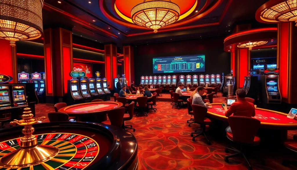 Cette image sereine capture l'atmosphère d'un casino en ligne fiable avec des joueurs engagés dans divers jeux, mettant en valeur l'élégance et l'excitation.