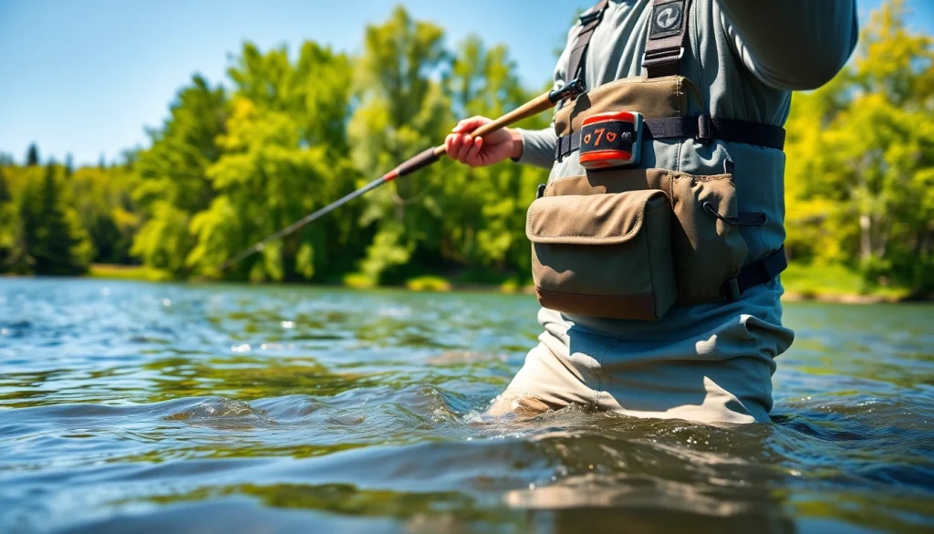 Angler cast fishing lines wearing a fly fishing chest pack in a tranquil river setting.