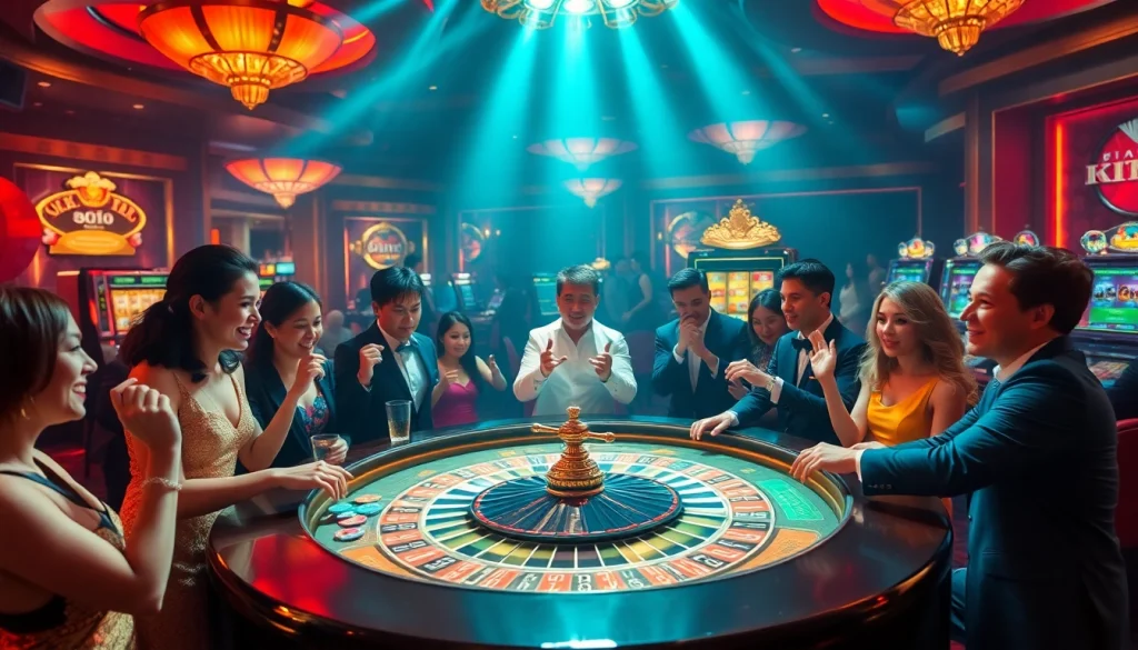 KPI4D players celebrating a win at a glamorous roulette table in a luxury casino setting.