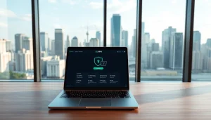 快连VPN界面在现代工作空间的时尚笔记本电脑上显示，象征全球连通性与数字安全。