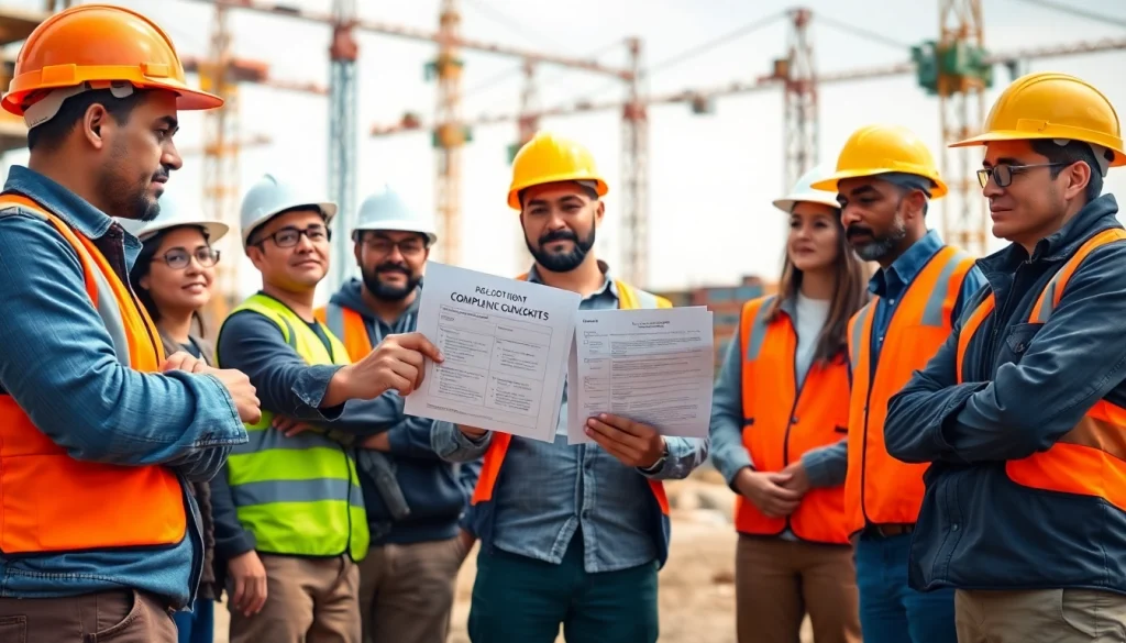 Construction labor compliance review with workers collaborating on-site.