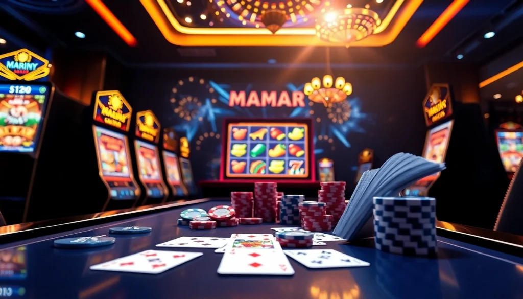 Rasakan sensasi MABAR88 dengan visual permainan online yang hidup menampilkan mesin slot dan elemen kasino.