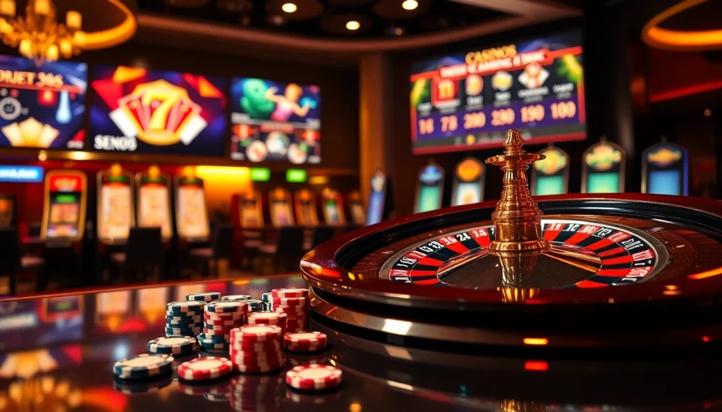 Découvrez le luxe dans un "casino en ligne fiable" avec des jetons de poker vibrants et une roulette dans une scène captivante.
