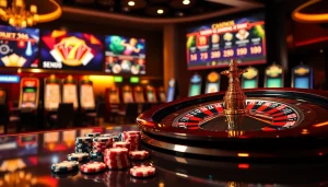 Découvrez le luxe dans un "casino en ligne fiable" avec des jetons de poker vibrants et une roulette dans une scène captivante.